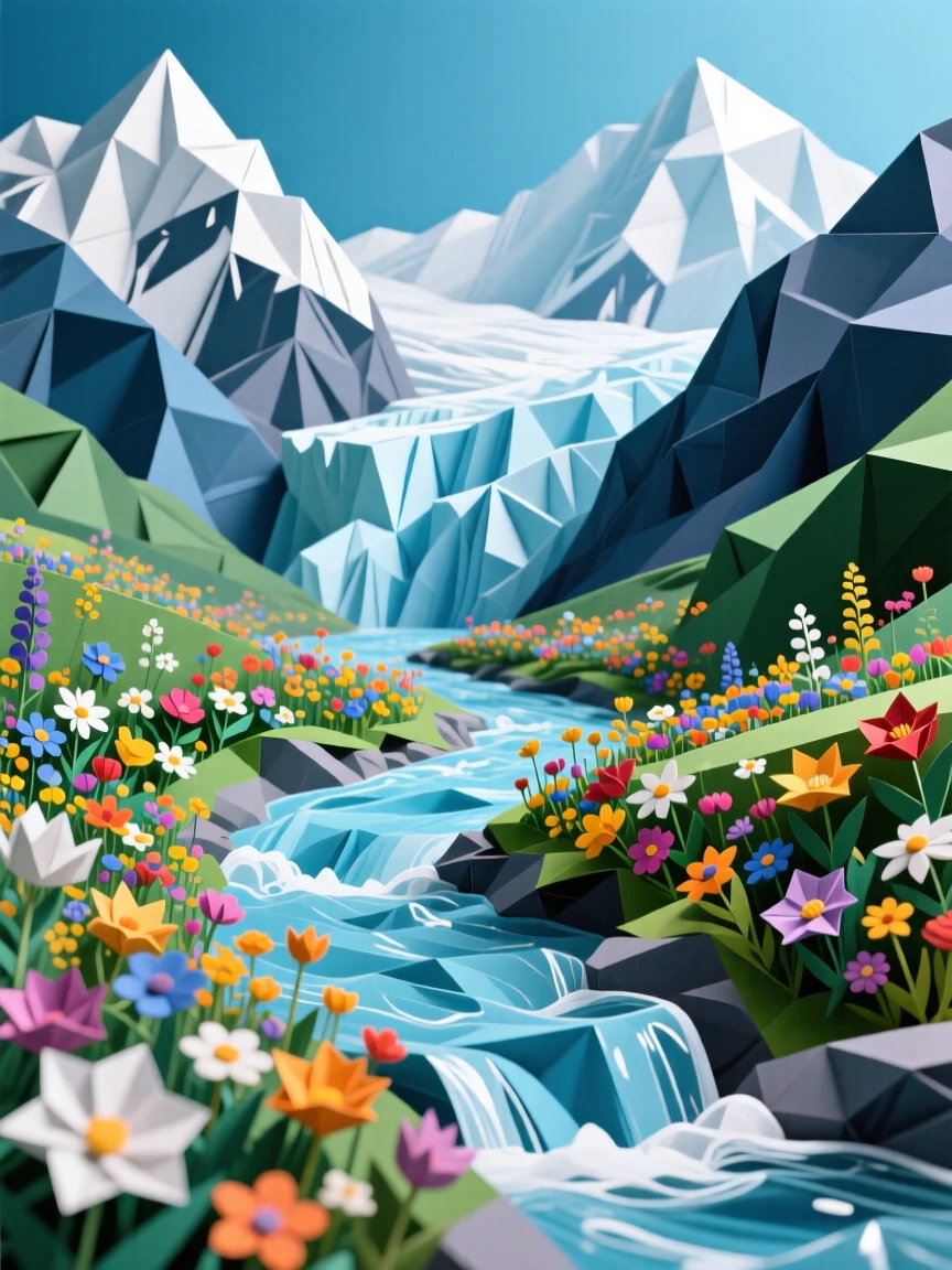 A dramatic glacier-fed river winding through a valley of wildflowers and jagged peaks.