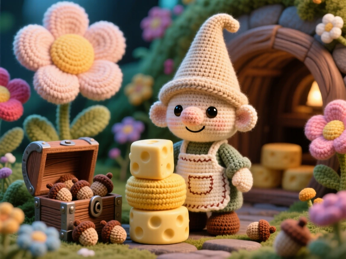 In an enchanted garden blooming with oversized flowers, a tiny gnome cheesemaker with a round wheel of tiny cheese is captured stacking cheese wheels in a cozy cellar, surrounded by a small wooden chest overflowing with acorns, filled with a soft, comforting sense of belonging.