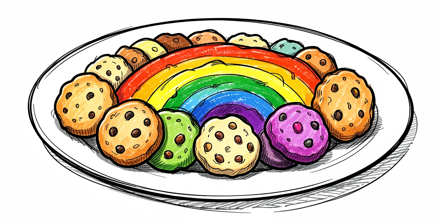 A plate of warm cookies arranged in a neat rainbow row.
