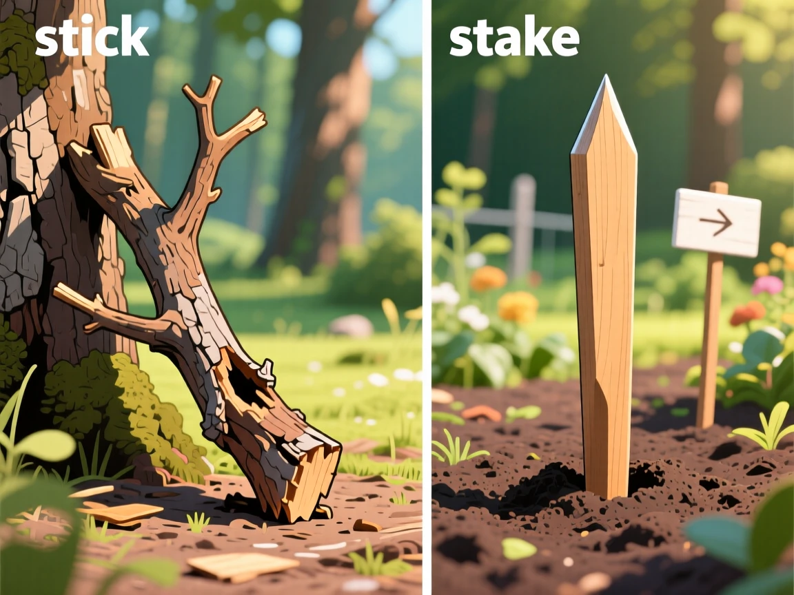 Create an illustration that show the difference between "stick" and "stake"