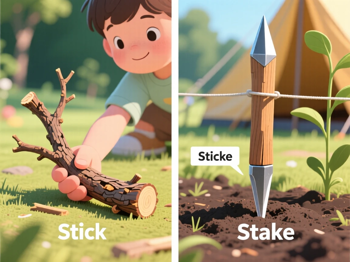 Create an illustration that show the difference between "stick" and "stake". A stick is a small, casual branch or thin piece of wood used for play or firewood. A stake is a sturdier, sharpened piece of wood or metal designed to be driven into the ground to support plants, secure tents, or mark boundaries.