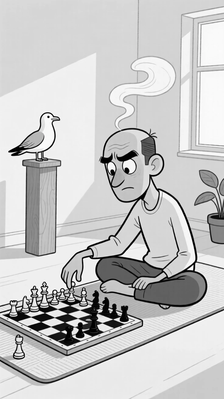 A chess player deep in dramatic thought, steam practically rising from sheer concentration, set on a yoga mat in a tranquil studio. A seagull watches the chaos from a nearby post. It feels like the kind of memory friends laugh about for years.