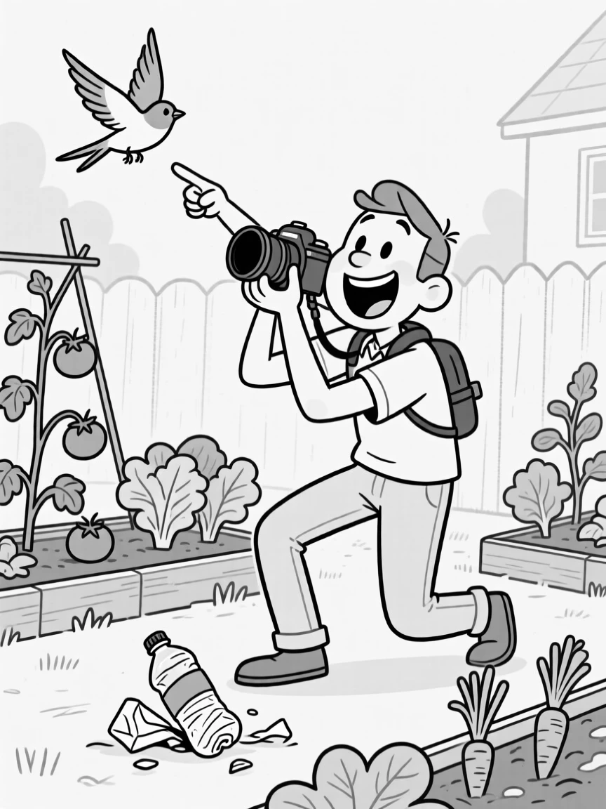 A photographer contorted for the perfect shot, pointing excitedly at a bird overhead, set in a backyard vegetable garden. A water bottle is crushed flat from being gripped so hard. It's a joyful celebration of trying your best, wins and all.
