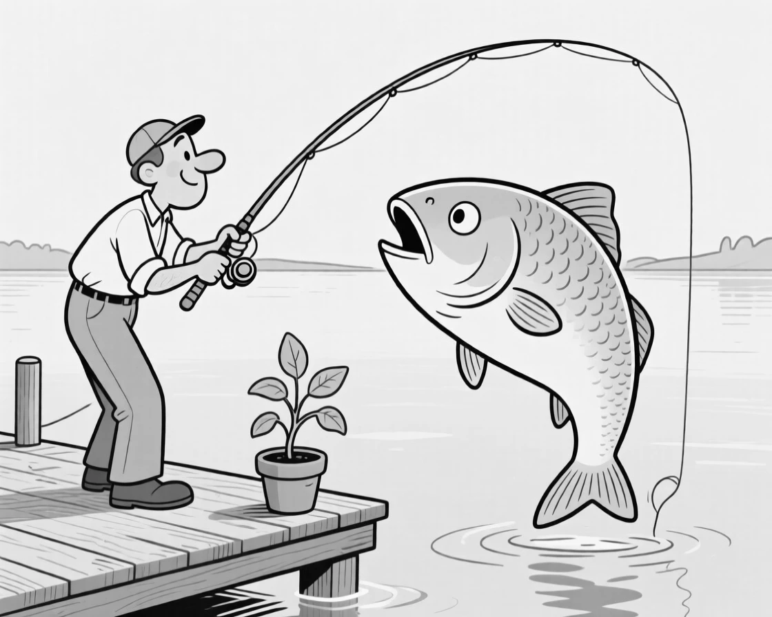 A fisherman reeling in a comically enormous fish, leaning into the screen as if that alone might win the game, set on a wooden dock beside a calm lake. A wobbly potted plant nearly topples over. It feels like the kind of memory friends laugh about for years.