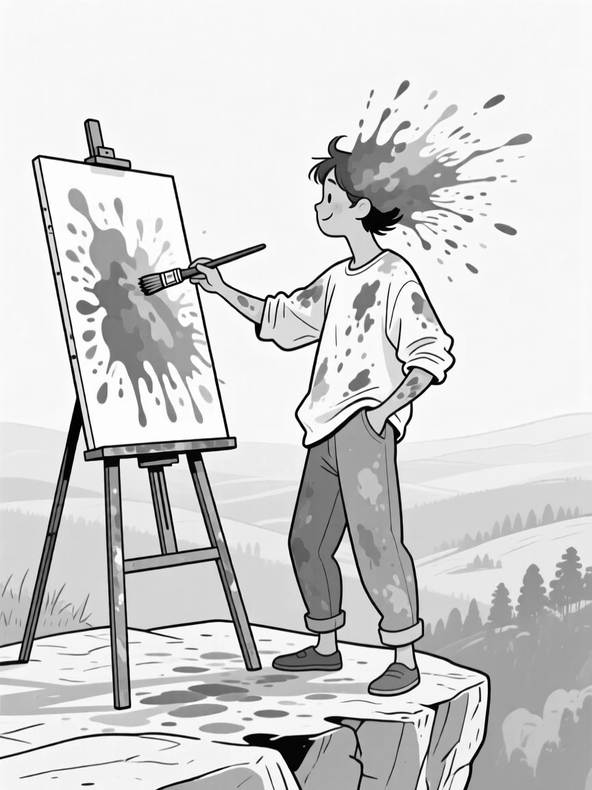 A painter splattered head to toe in colorful paint, flinging a paintbrush that splatters across the canvas, set at the edge of a scenic overlook. Paint splatters form an accidental abstract masterpiece. It's a joyful celebration of trying your best, wins and all.