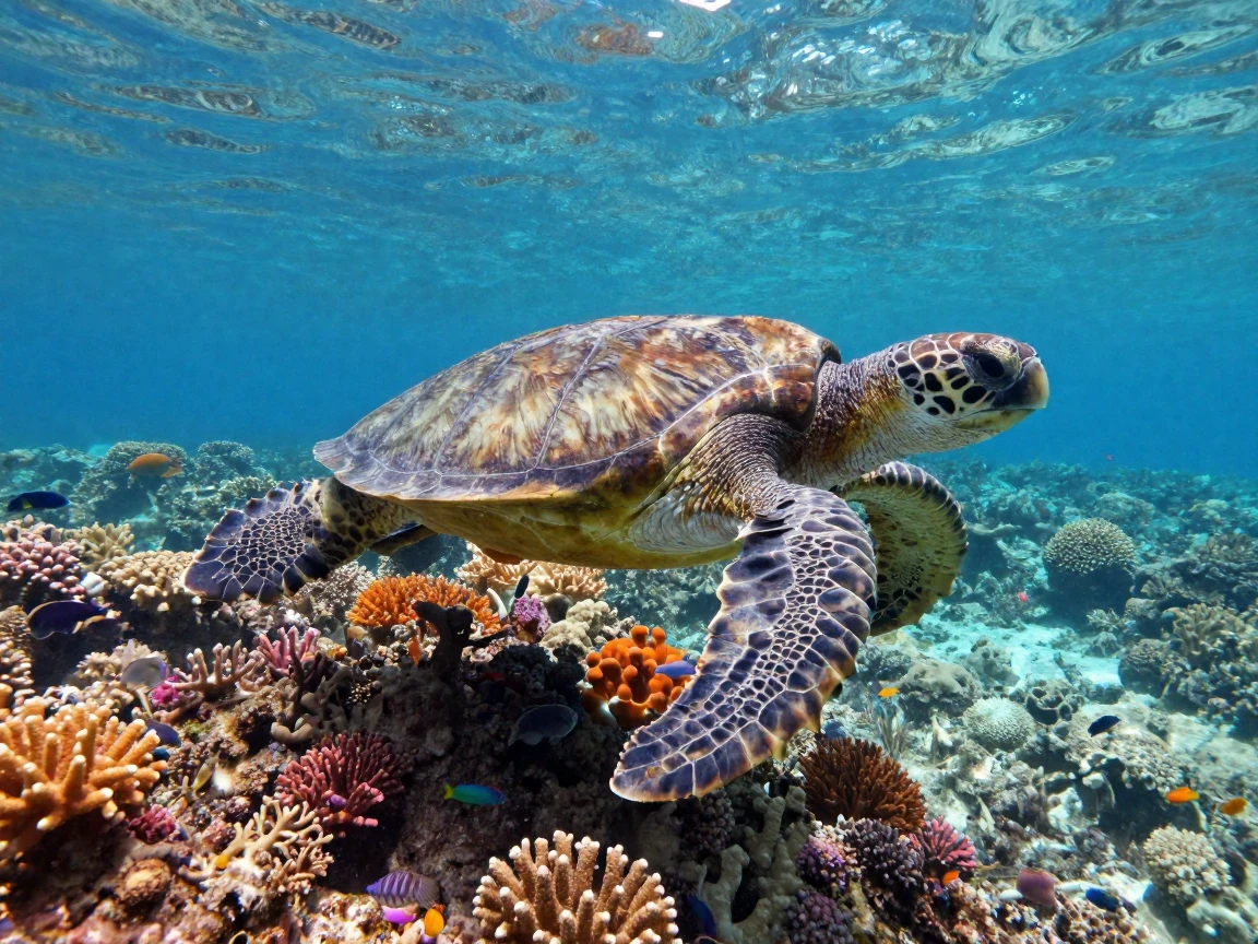A sea turtle gliding gracefully over a coral reef