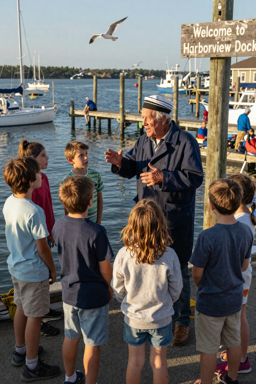 An old sailor shares stories of the sea with wide-eyed children at a harbor dock.