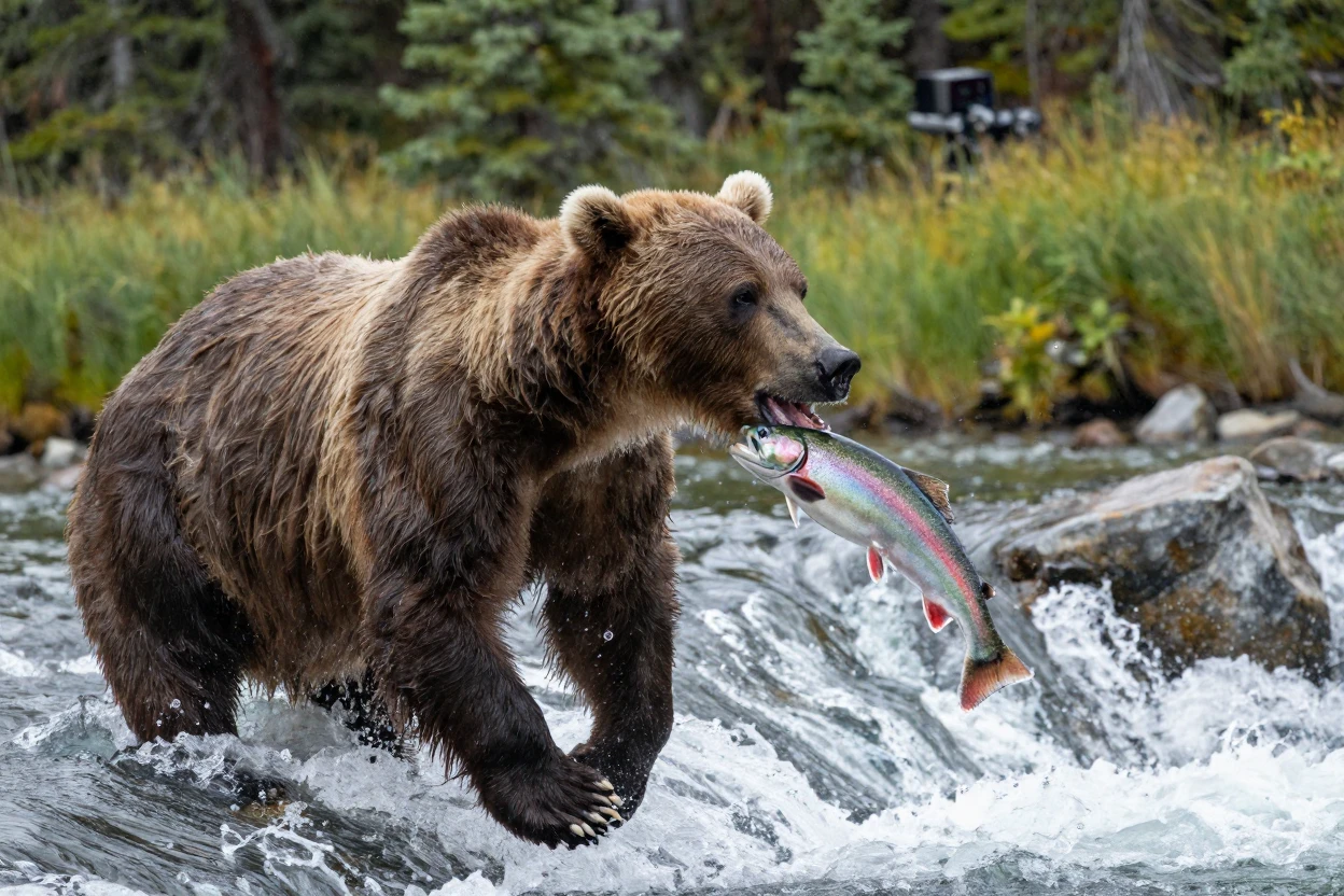 A grizzly bear catching a jumping salmon mid-air in a rushing river