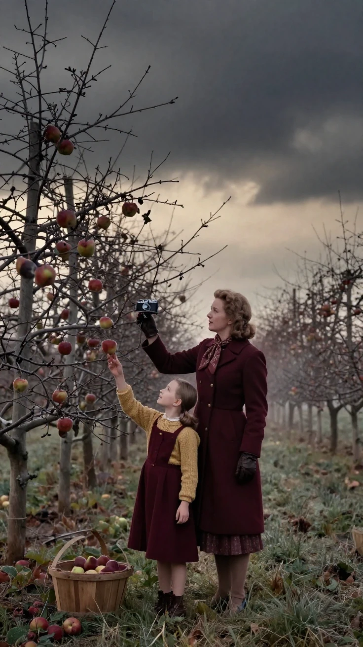 A mother and daughter picking apples together in an orchard, in the pale light just before sunrise, under a darkening storm sky, in the depths of winter, with rich burgundy and gold accents, captured from a low angle looking up.
