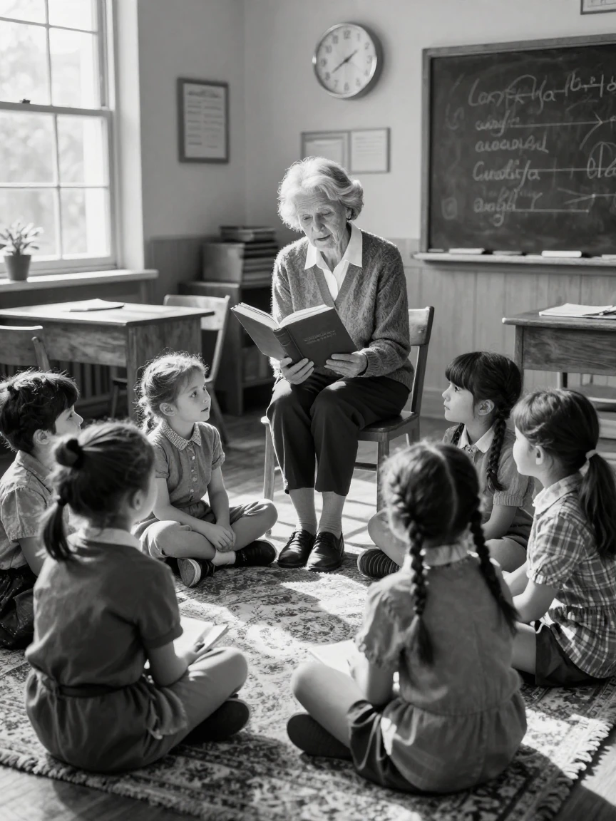 A retired teacher reads aloud to a circle of children in a sunlit classroom.