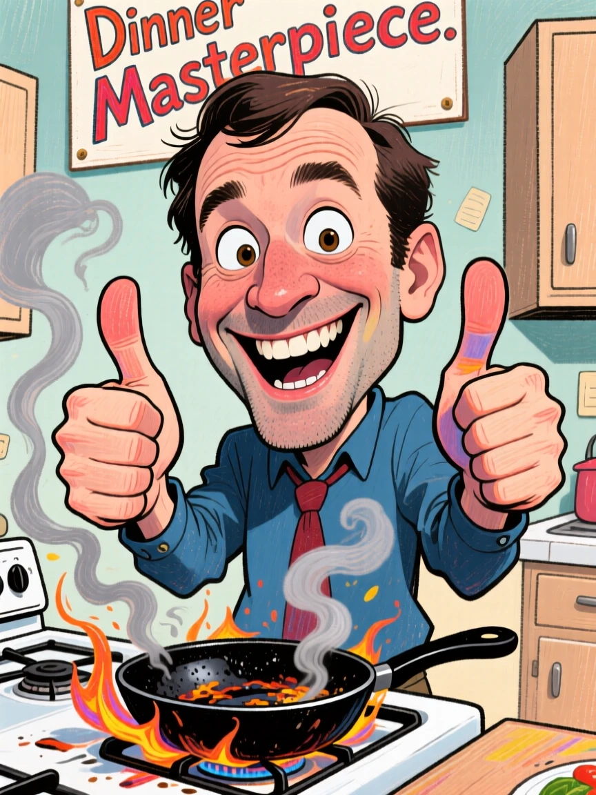 A man doing an exaggerated double thumbs-up after burning dinner but pretending it's fine.