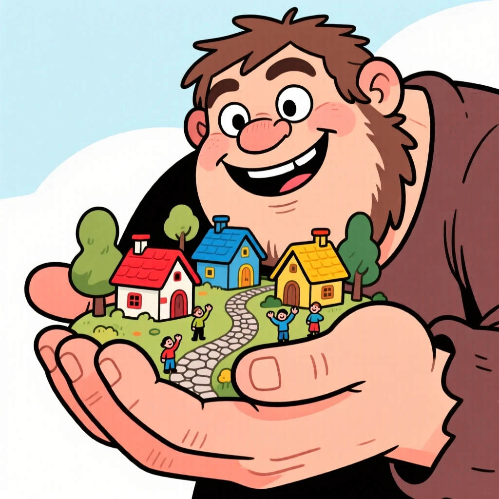 An imaginative fantasy scene of a friendly giant gently cradling a tiny village in his enormous palm.
