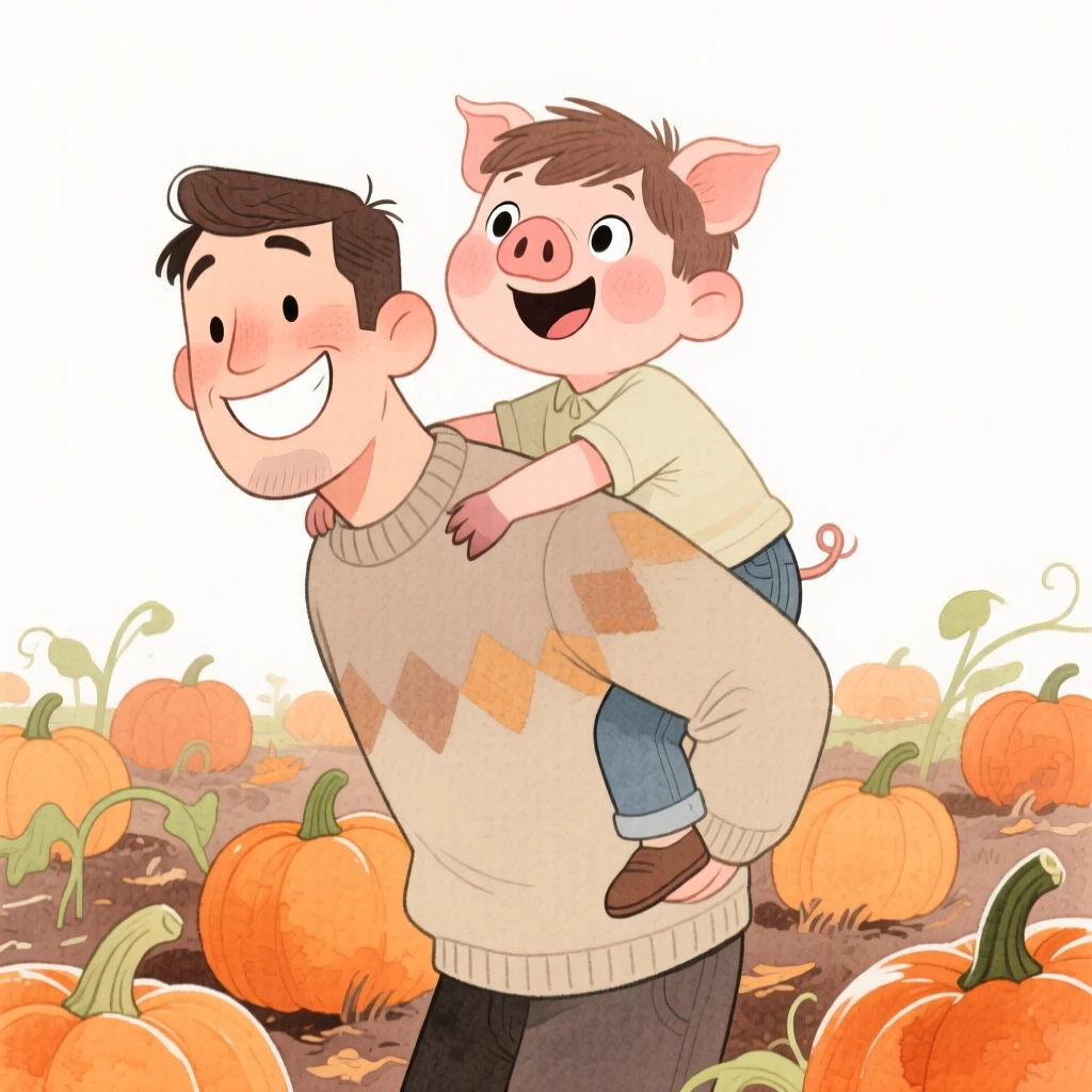 A father and son sharing a piggyback ride through a pumpkin patch