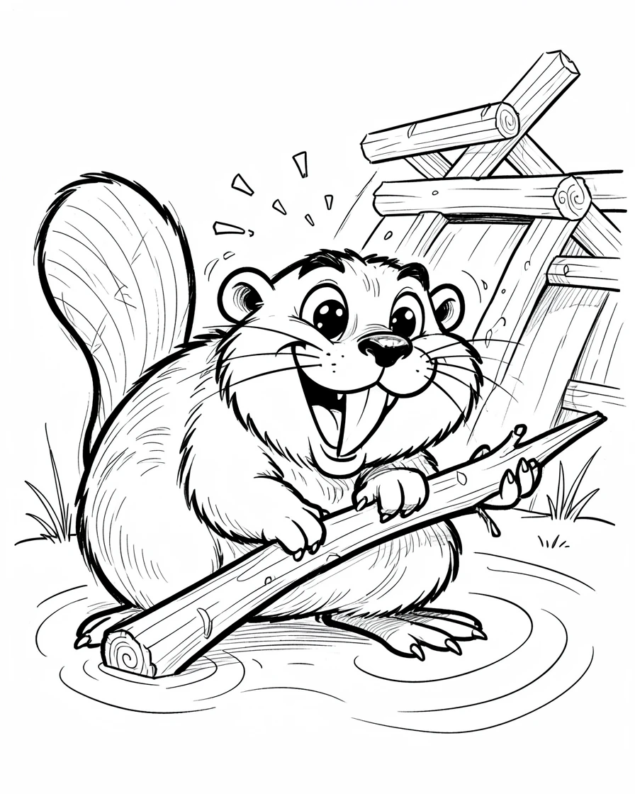 [Cute Animals & Pets] Adorable scene of a playful beaver gnawing on a stick beside a dam, bursting with charm and playful energy