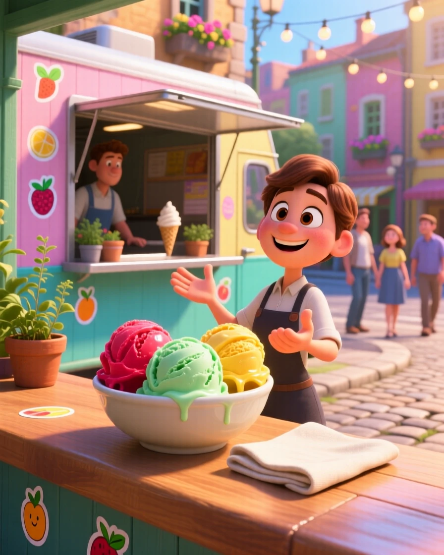 A bowl of colorful gelato scoops sits at a food truck window on a lively street, next to a folded linen napkin. A cheerful, mouthwatering warmth surrounds the dish.