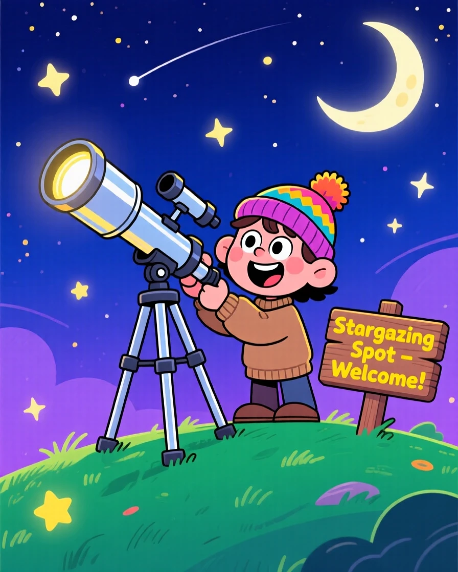 A stargazer setting up a telescope on a hilltop at night.