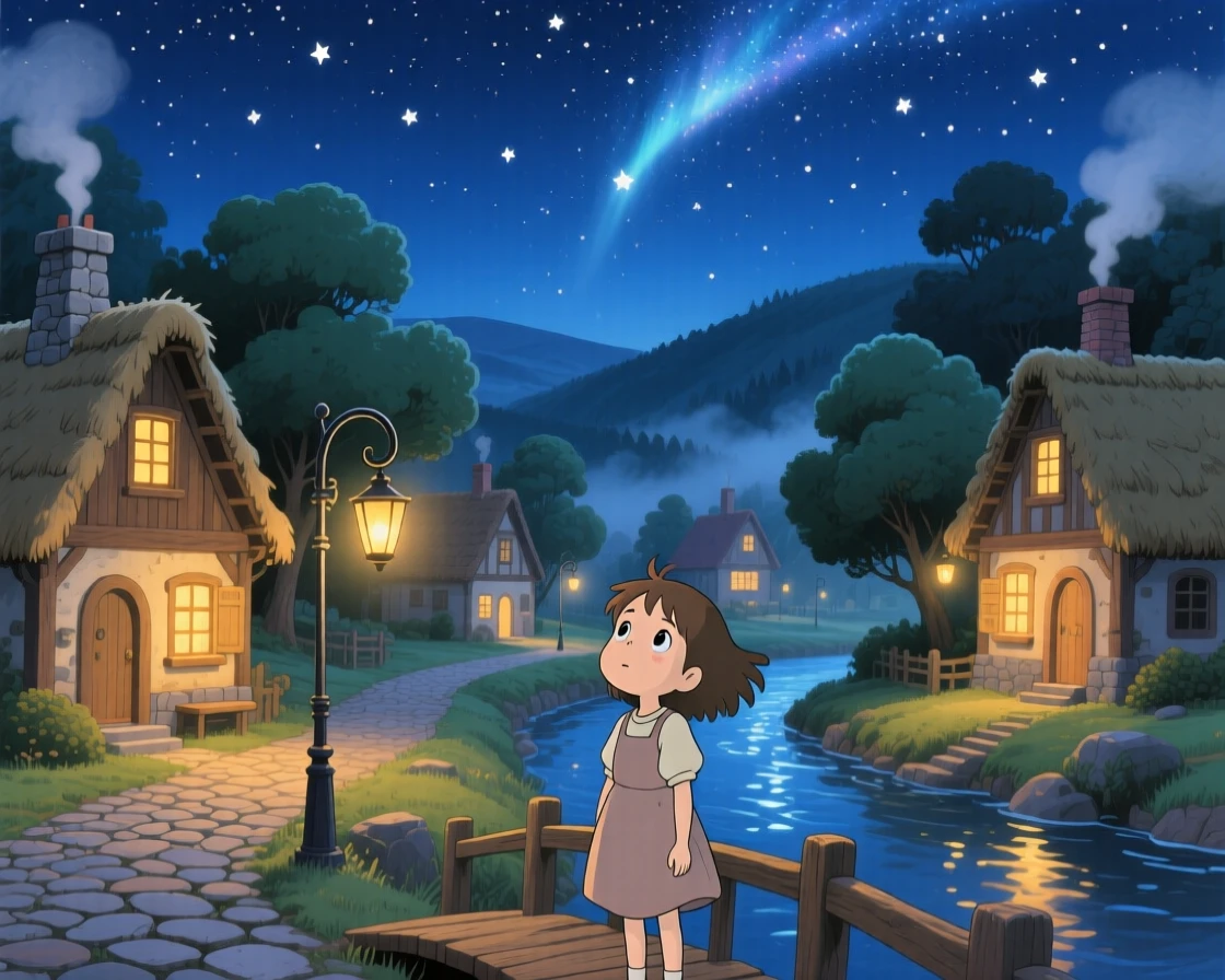 A nighttime scene of a village illuminated by warm window lights beneath a starry sky, hushed and magical.