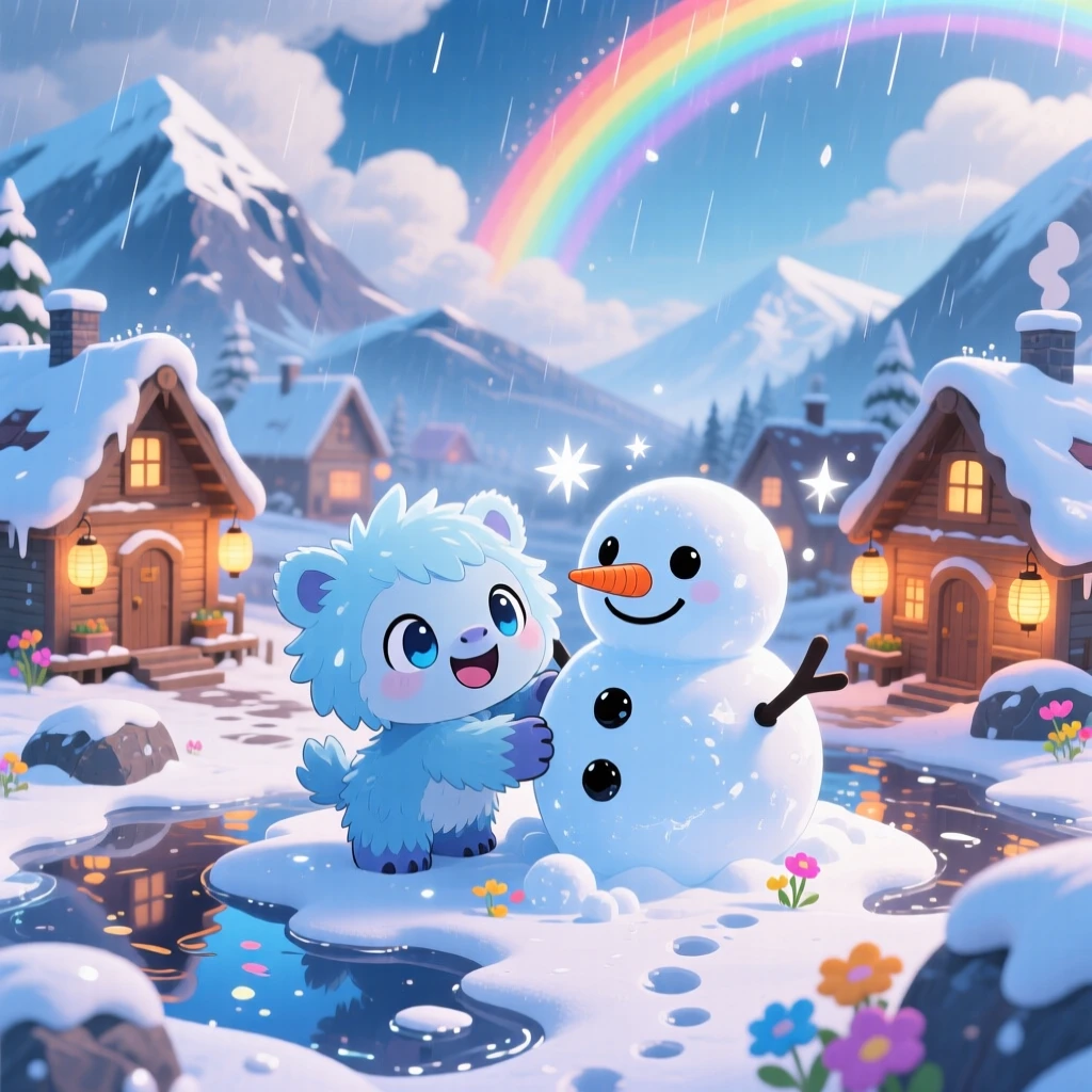 A gentle ice yeti cub building a snowman twice its size in a frosty mountain village under a rainbow after the rain; shimmering reflected light off water washes over the scene as bubbly enthusiasm fills the moment. High aerial view.
