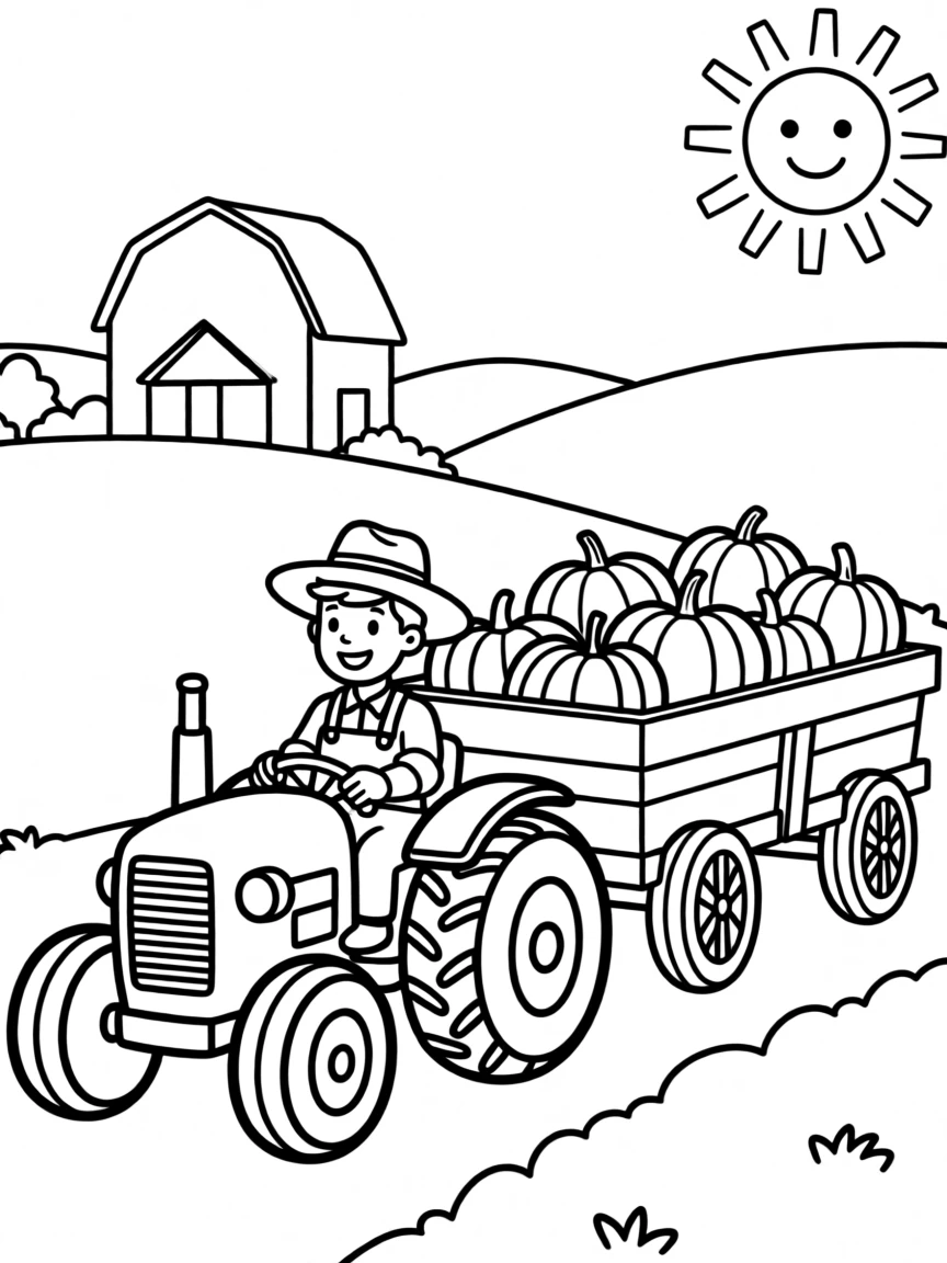 A tractor pulling a wagon full of pumpkins at a farm