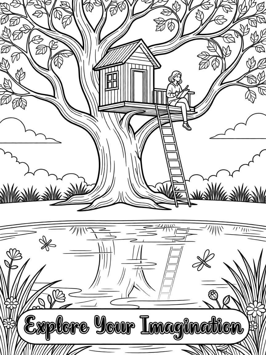 A treehouse built high in an ancient oak, with reflections shimmering on the water's surface.
