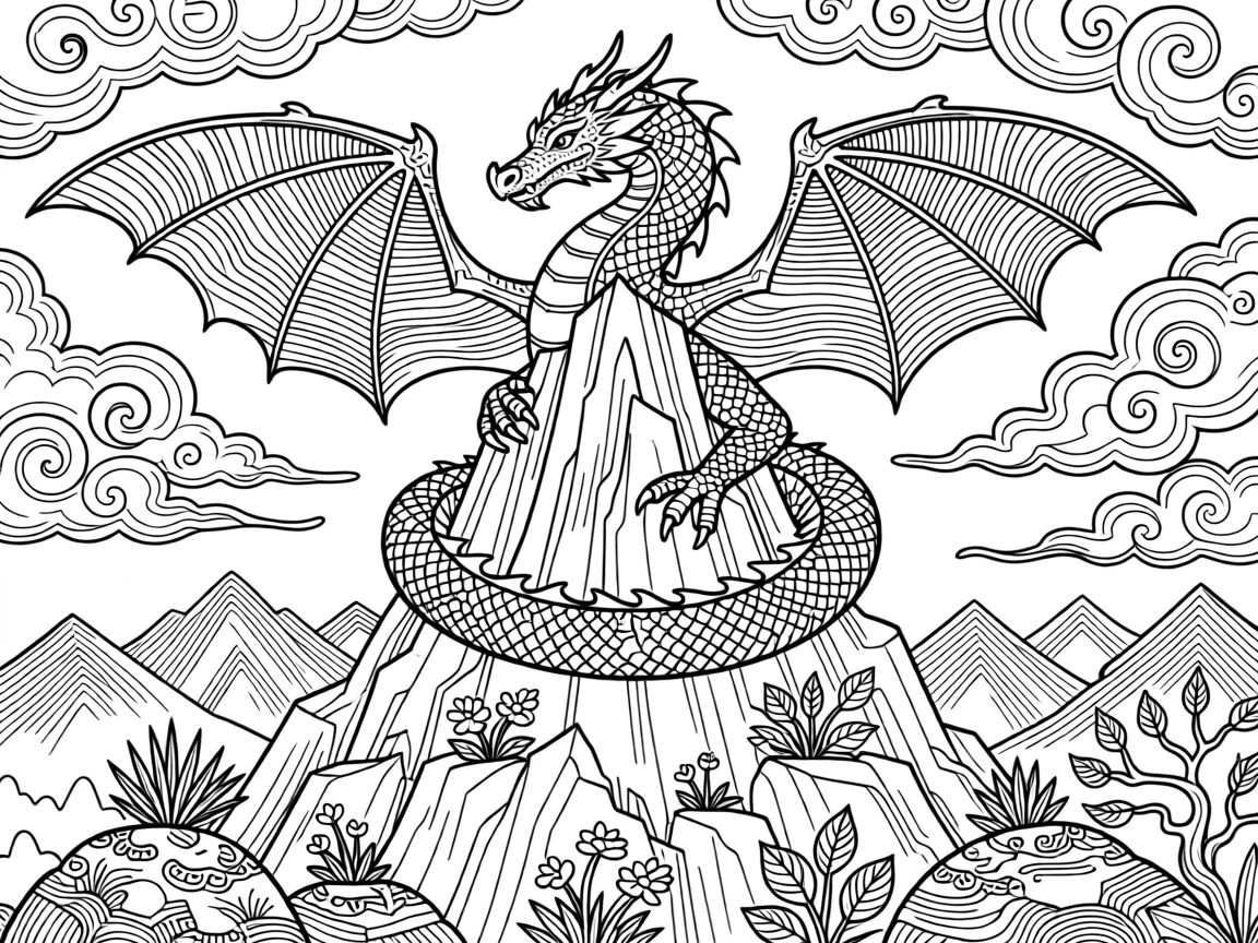 A dragon coiled around a mountain peak, wings spread against the clouds.