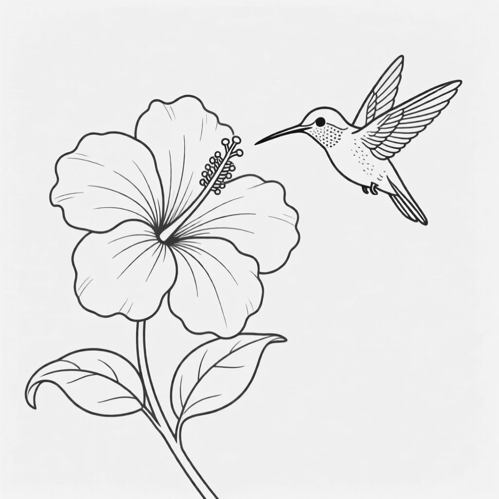 A single hibiscus flower with a hummingbird nearby