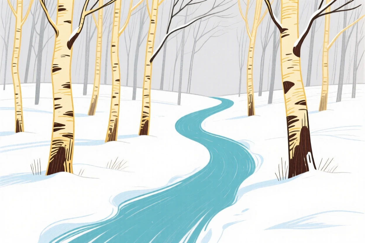 A path through a birch forest covered in fresh snow.