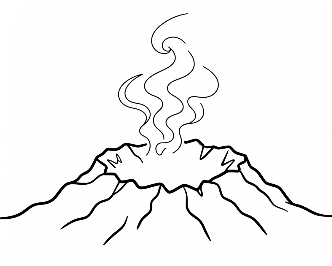 A steaming volcanic crater surrounded by rugged blackened rock