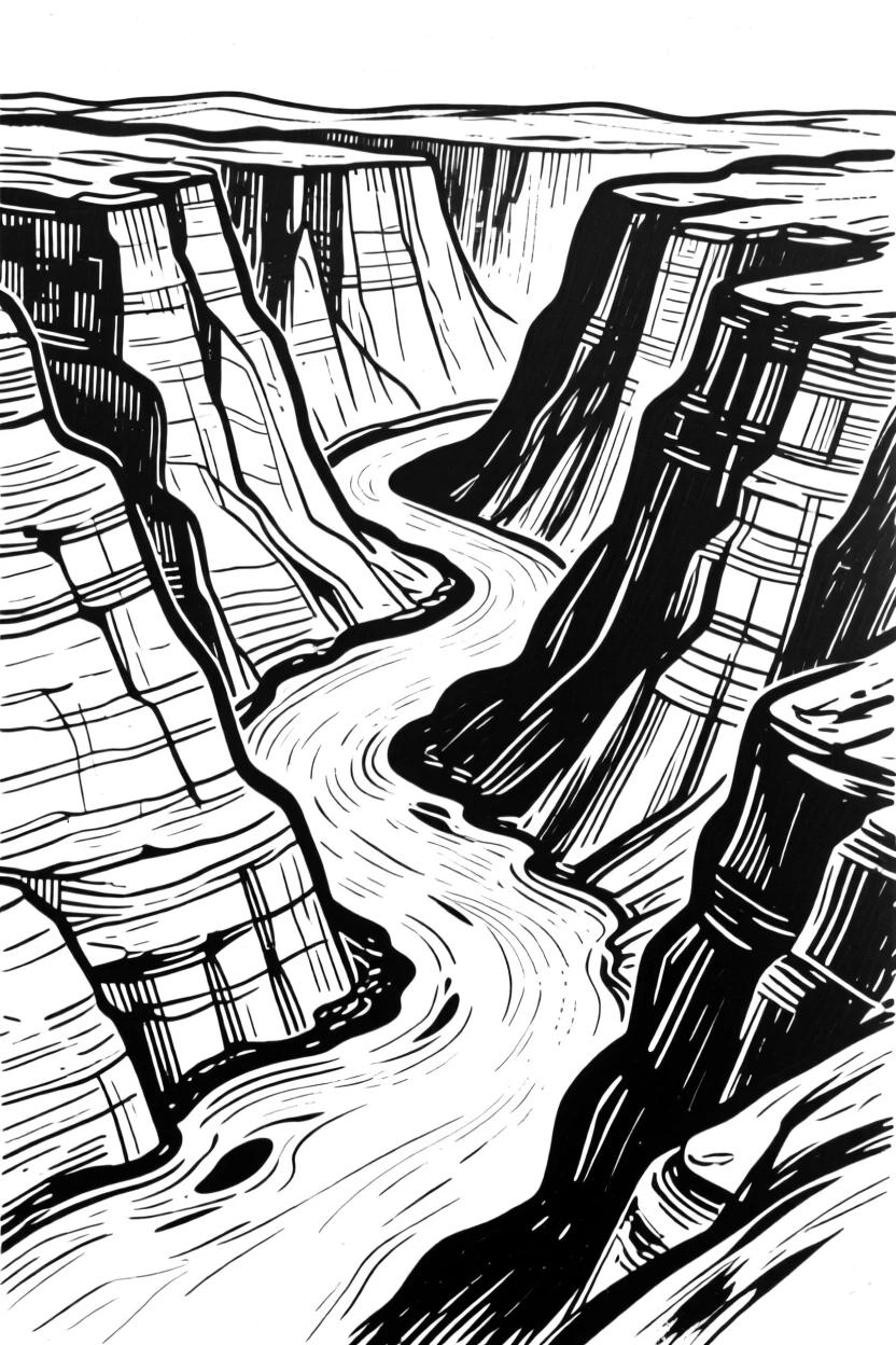 A canyon carved by a winding river, striped with layers of colorful rock.