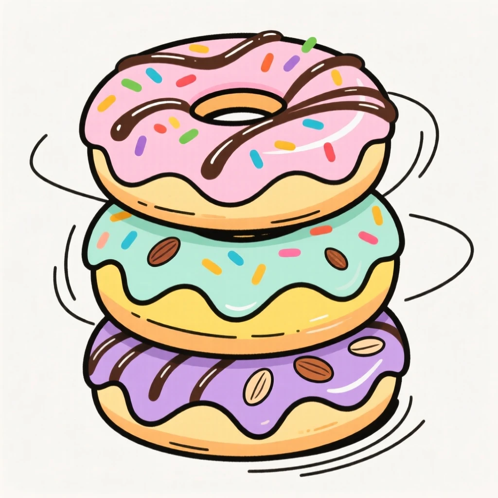A stack of colorful donuts with different glazes and toppings.