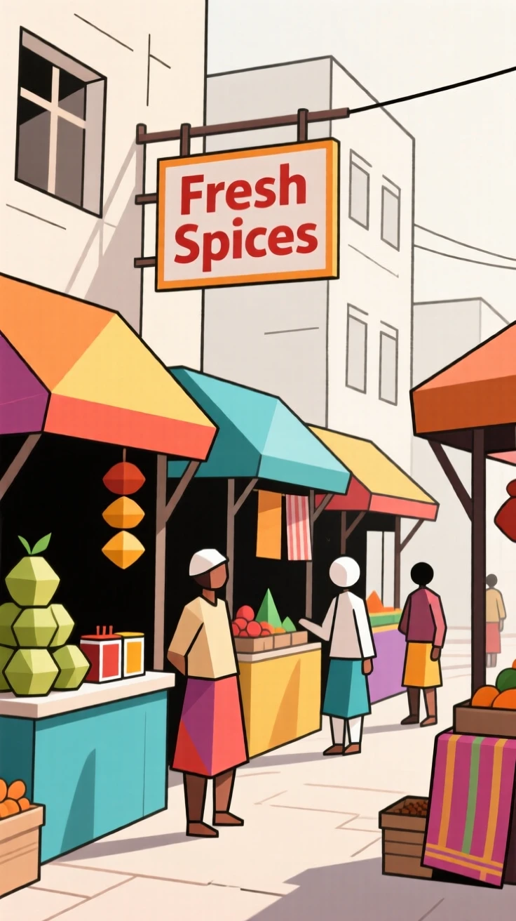 A vibrant Indian street market with colorful stalls