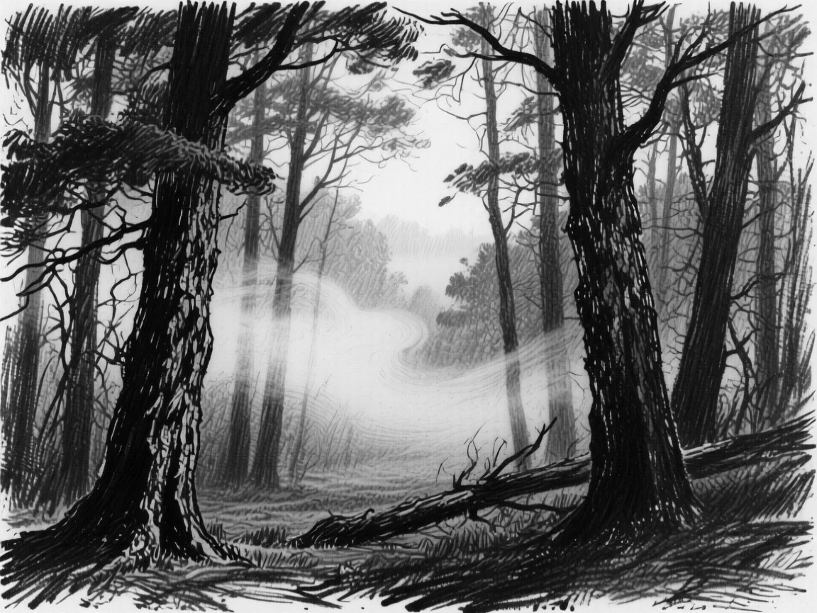A dense misty forest with mist rising gently at first light.