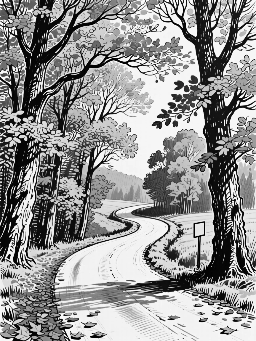 A winding country road bordered by tall autumn trees in full color.