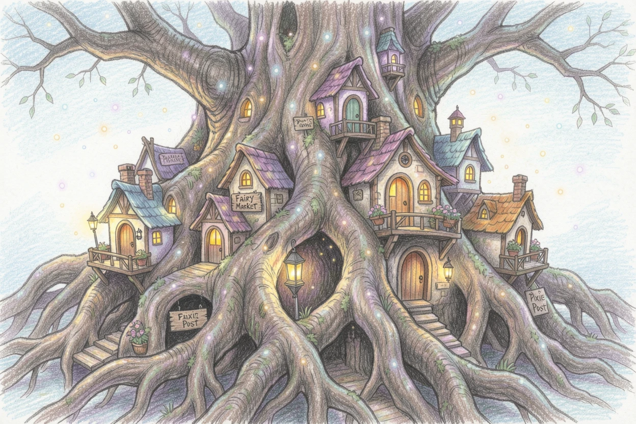 A glowing fairy village built into the roots of an ancient tree, with delicate glowing particles floating through the air, designed to feel enchanting, dreamy, and otherworldly.