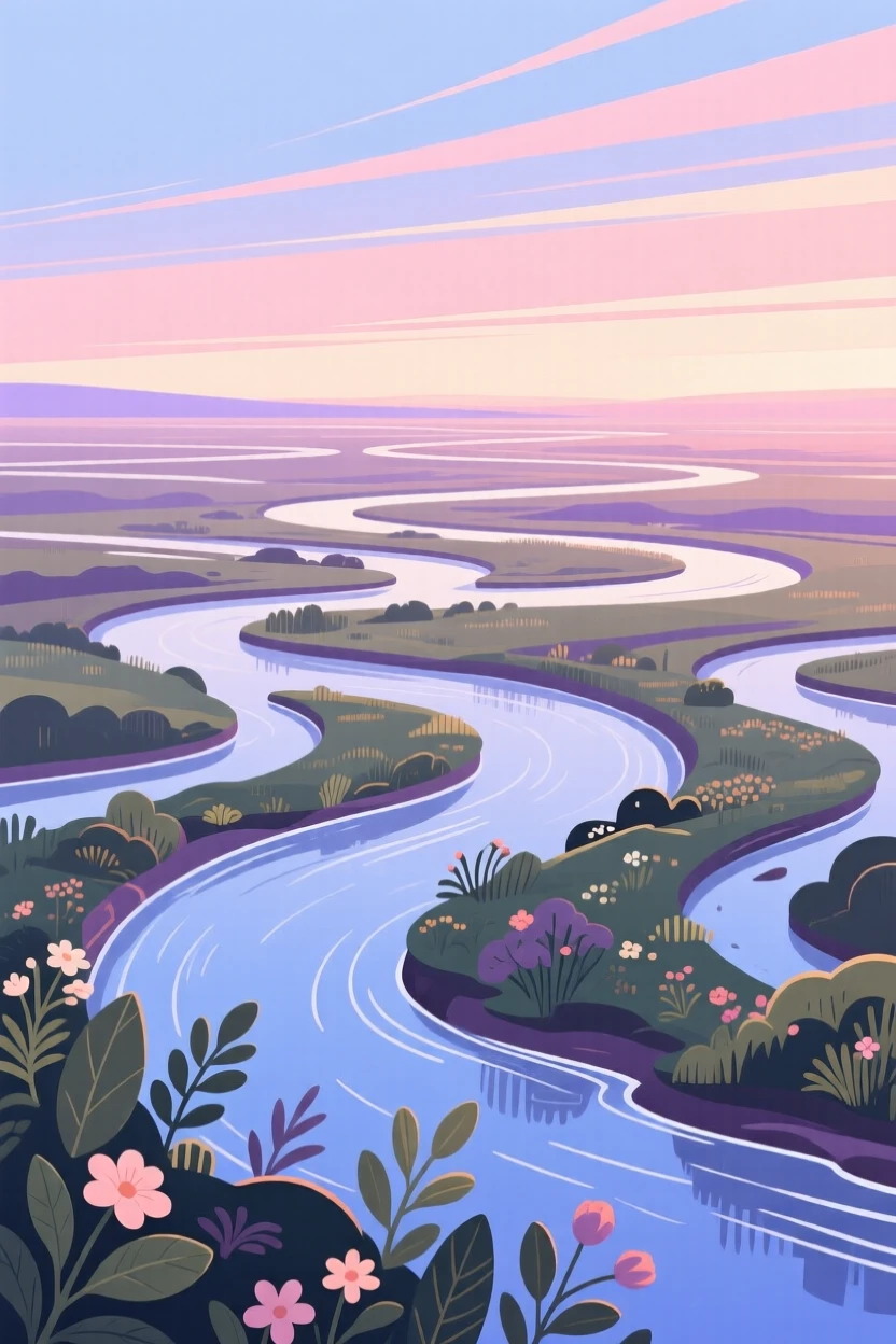 A tranquil river delta seen from above with braided channels, beneath a wide open sky streaked with color, captured from a low vantage point to emphasize scale, with delicate textures visible in every leaf and petal.
