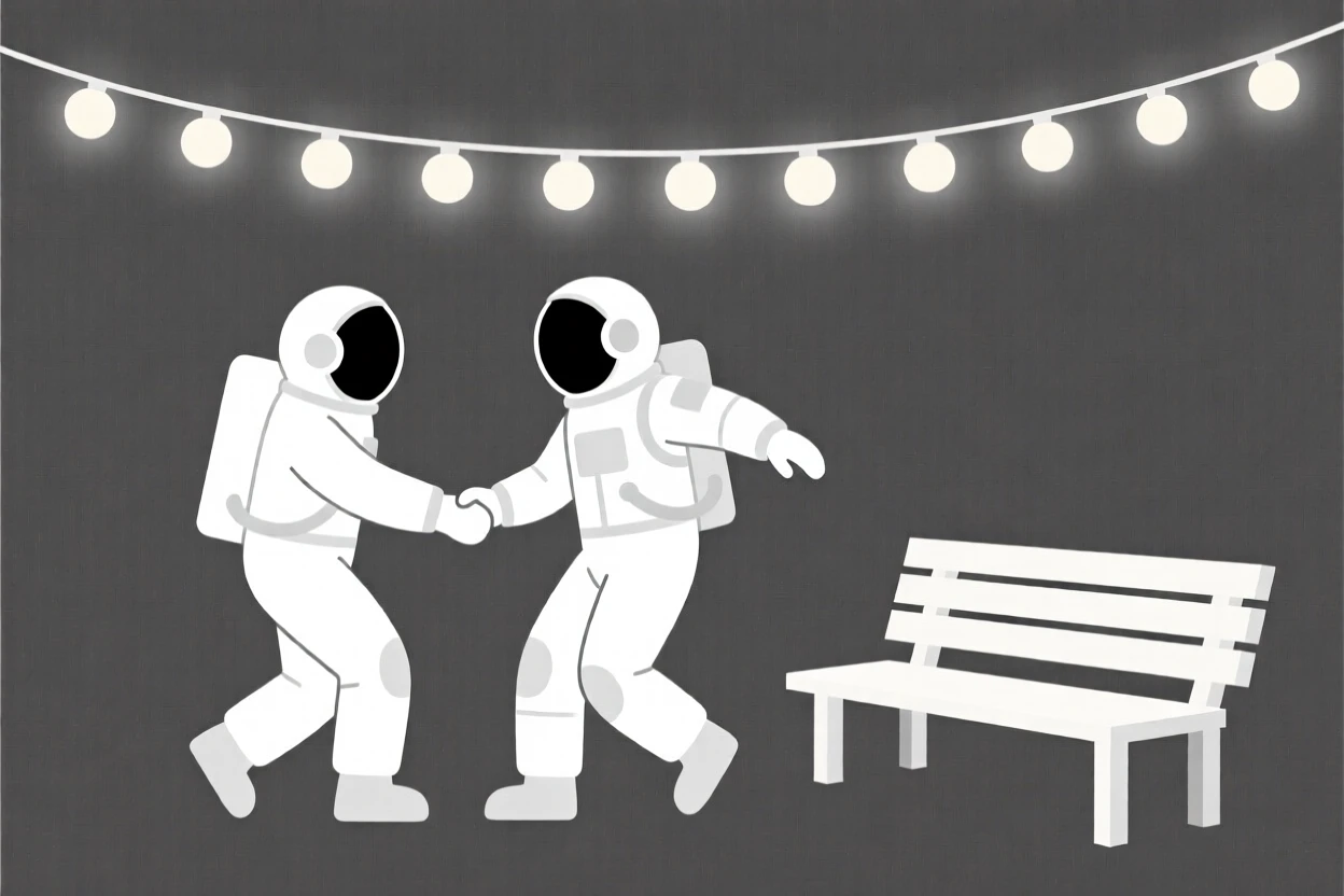 Two astronaut dancing under string lights together in a quiet park bench, sharing a moment of nostalgic comfort.