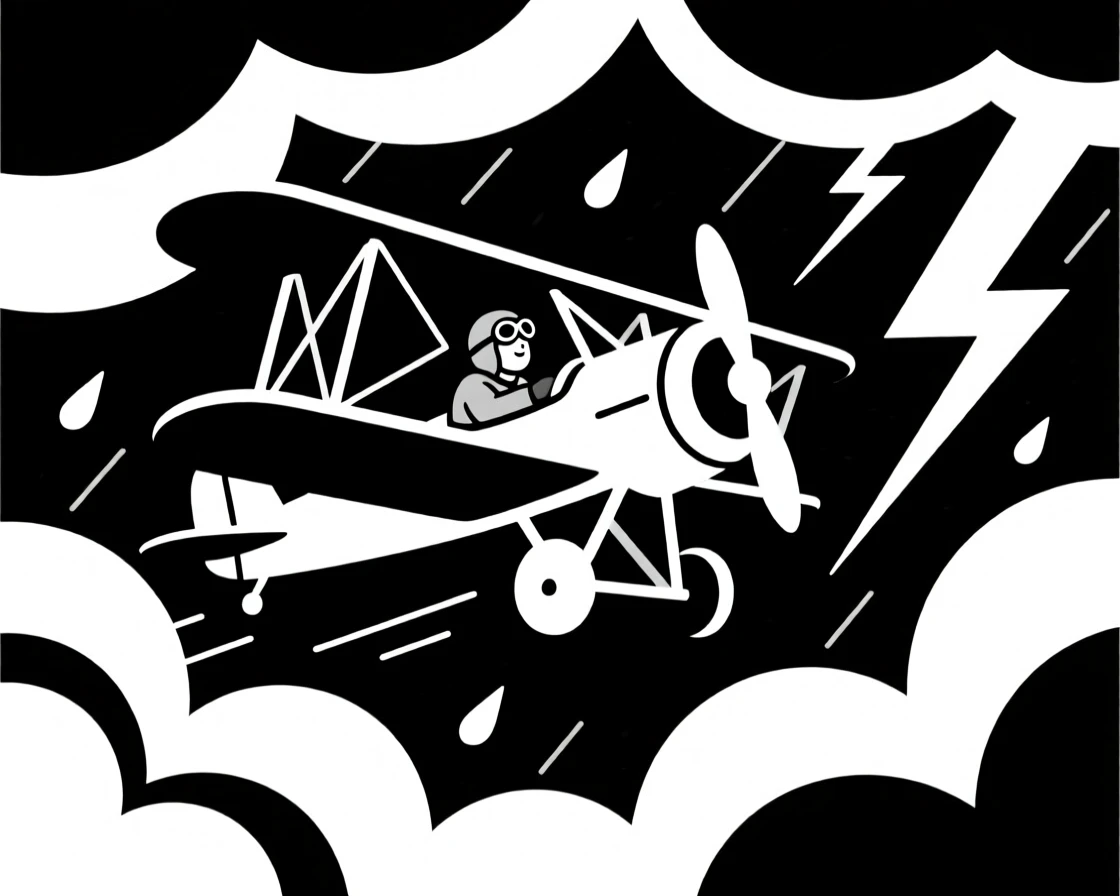 A pilot flying through a dramatic thunderstorm.