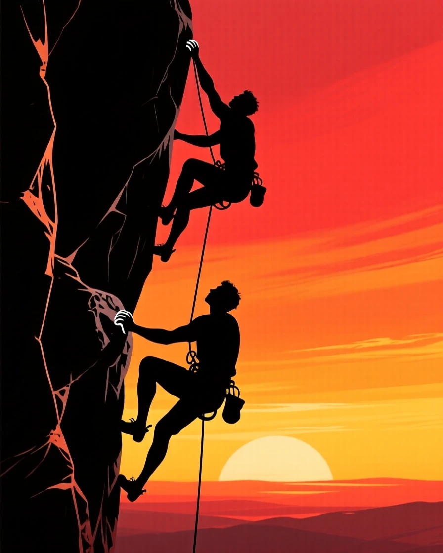 Rock climbers scaling a sheer cliff face, one reaching for the next handhold.