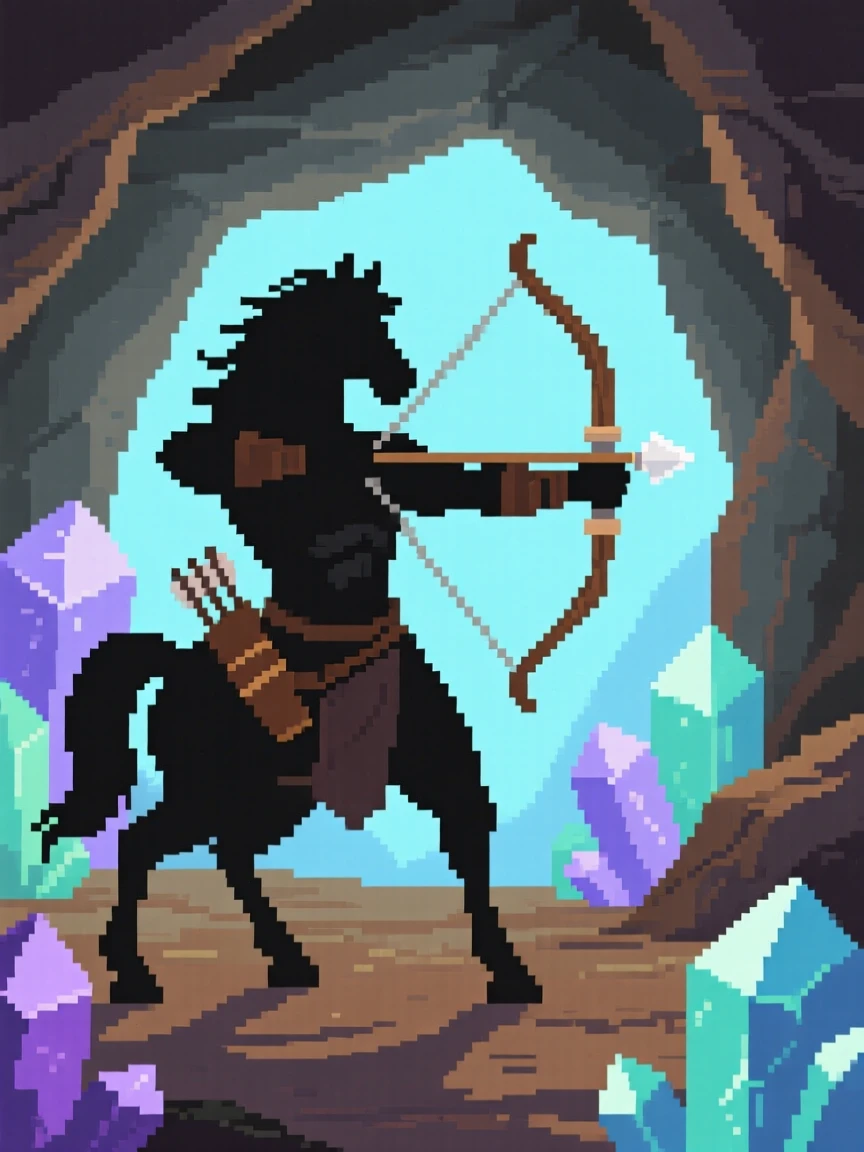 A centaur archer training with a wooden practice sword, within a hidden cave full of crystals.