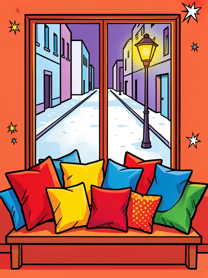 A cozy window seat piled with pillows overlooking a snowy street
