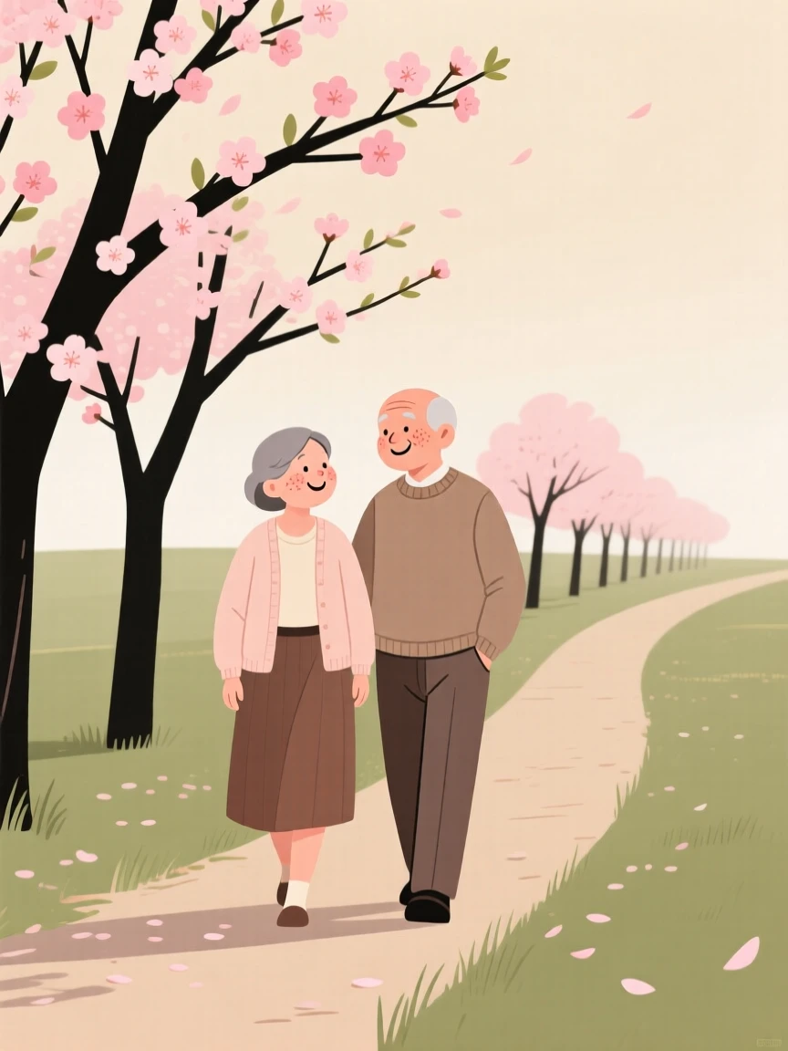 The first blossoms of spring open along a row of cherry trees as a elderly couple walks slowly by, smiling at the warmth returning in the mild morning air.