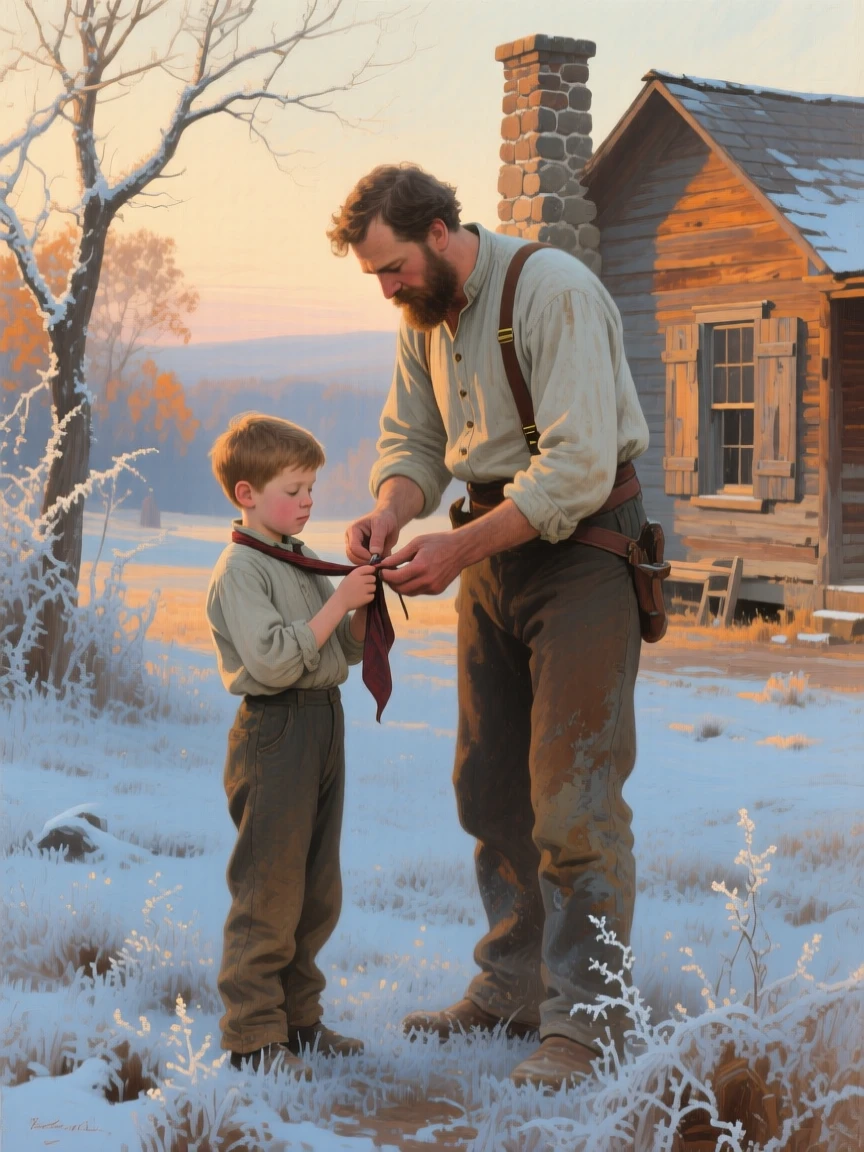 A balanced composition of a father teaching his young son to tie his first necktie, on the American frontier, beneath fresh fallen frost.