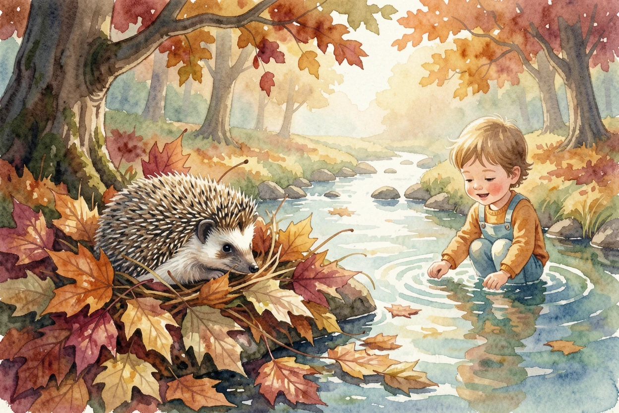 A hedgehog curled in autumn leaves beside a babbling brook playing with a small child nearby.
