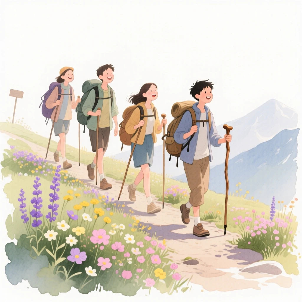A group of friends hike a mountain trail lined with wildflowers, backpacks and walking sticks in hand
