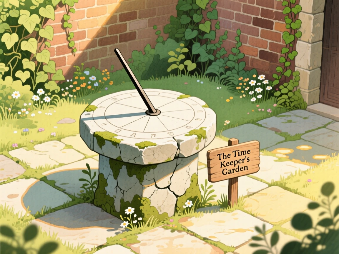 An ancient sundial in an overgrown courtyard, mysterious and inviting.