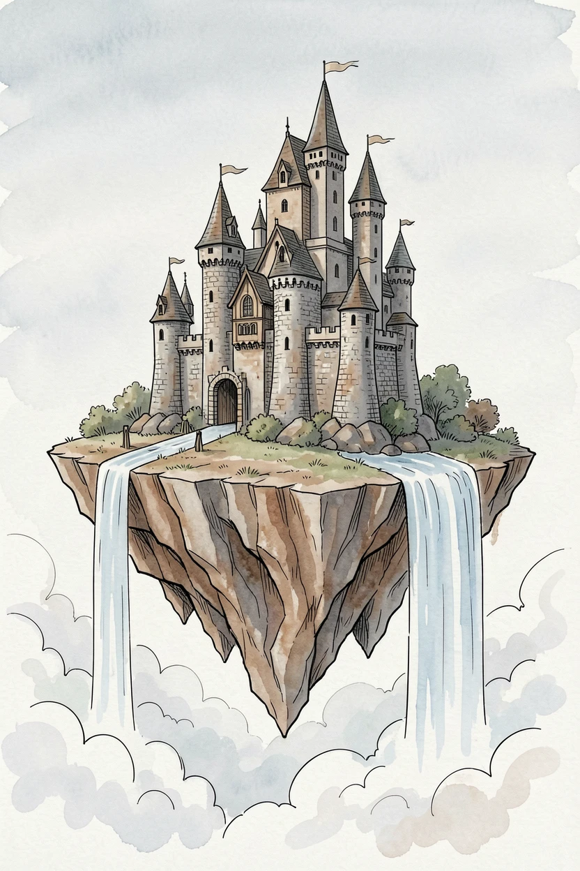 A towering castle built into the side of a floating island, waterfalls cascading off its edges into clouds below