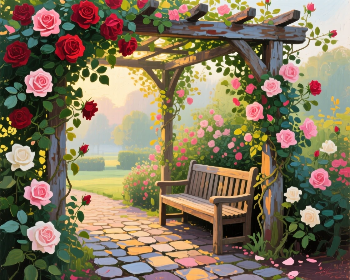 a rose-covered arbor leading to a hidden bench, in soft morning light, with a clear foreground, subject, and distant setting.
