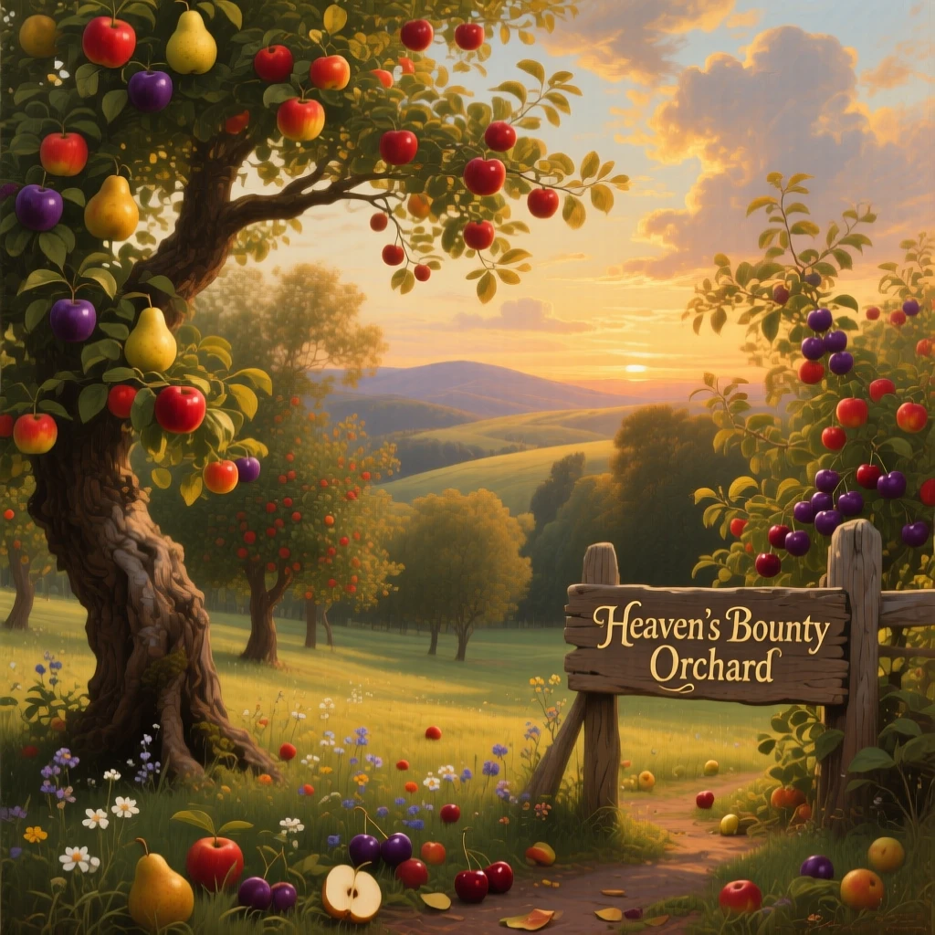 An orchard heavy with ripening fruit.