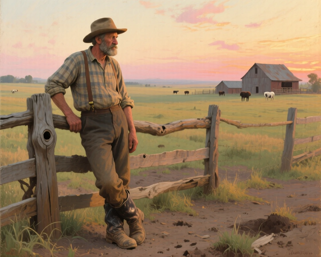 A weathered rancher leaning on a wooden fence, watching the sunrise over his land, with soft shadows adding depth and intimacy to the moment, celebrating the quiet dignity found in everyday human life