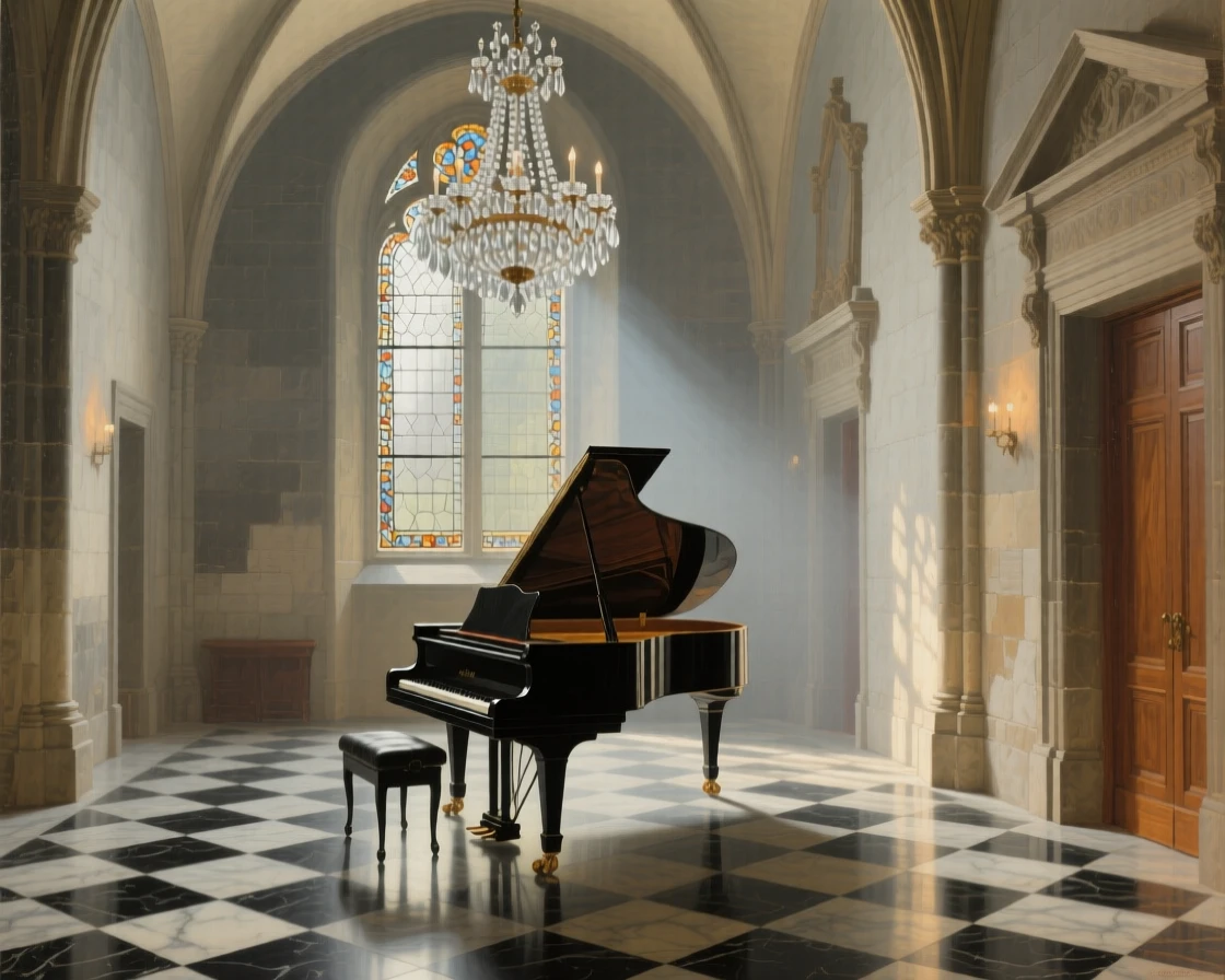 A grand foyer with a checkerboard marble floor and crystal chandelier holding the quiet grandeur of a bygone era, set inside a centuries-old cathedral of quiet reverence, with a single grand piano standing beneath a shaft of window light; warm interior light contrasts with cool light spilling in from outside, radiating history, refinement, and permanence.